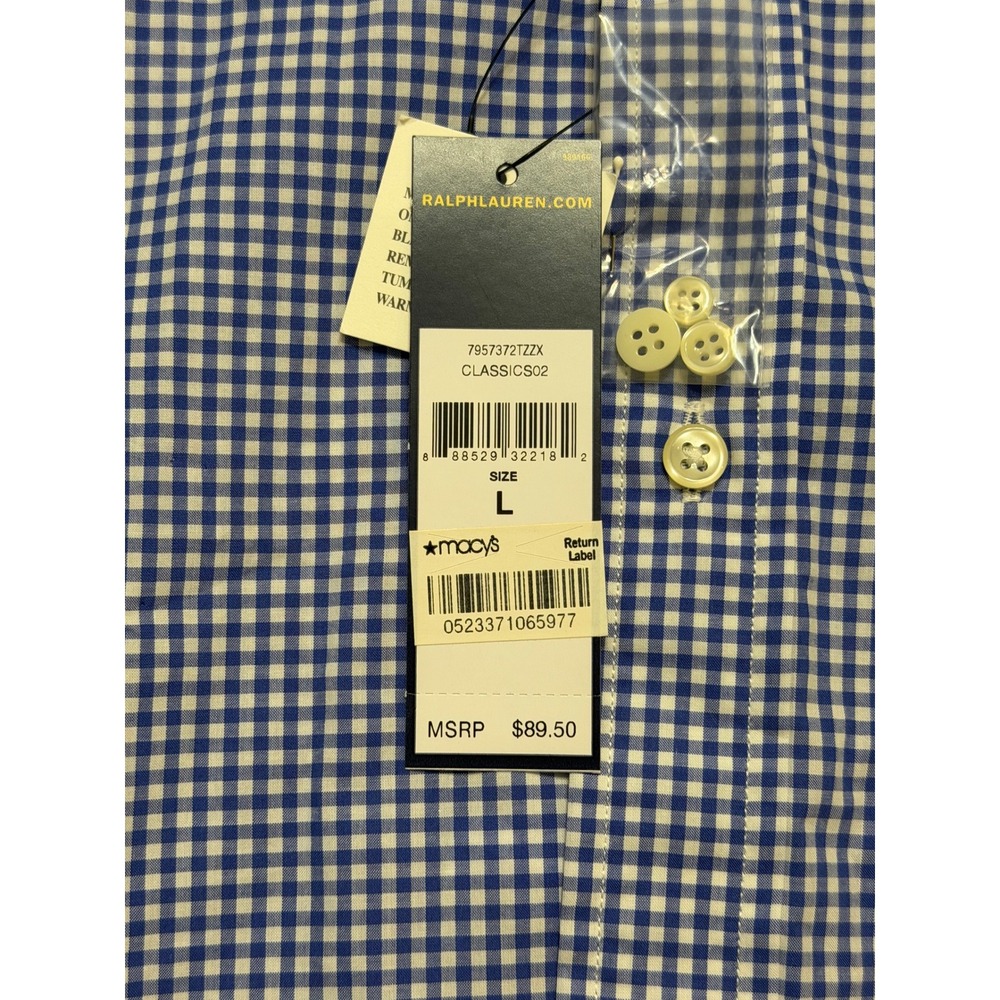 Ralph Lauren Mens Blue White Gingham Cotton Button Down Pony Logo Shirt NWT Sz L - Picture 4 of 9